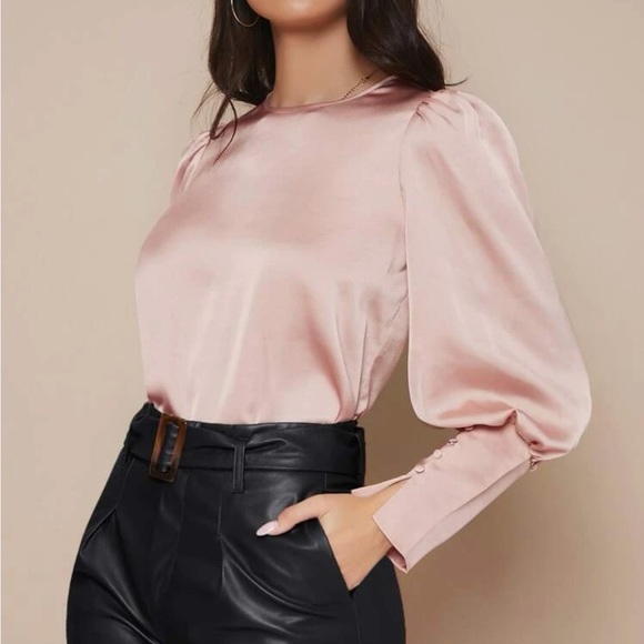 Luxe button cuff lantern sleeve satin blouse - Picture 12 of 13